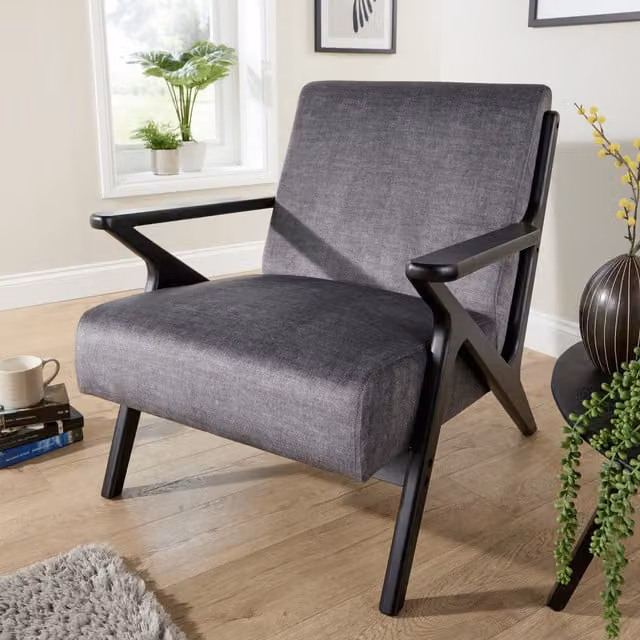 Home Source Cavera Modern Design Accent Armchair in Grey Fabric with Black Rubberwood Frame