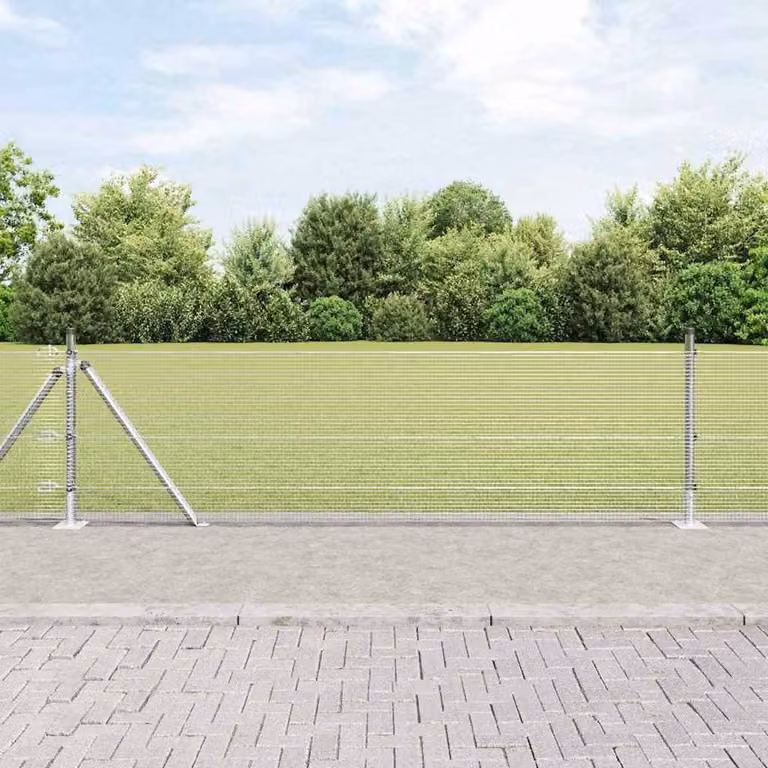 Berkfield Home Silver Galvanised Steel Welded Wire Fence with 7 Flanged Posts, W: 10 m, H: 0.6 m