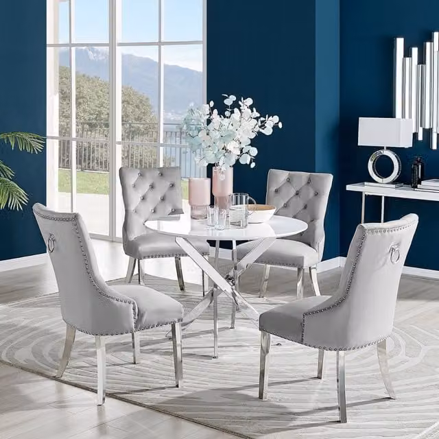 FurnitureboxUK Novara White High Gloss Round Glass Dining Table and 4 Belgravia Grey Chairs