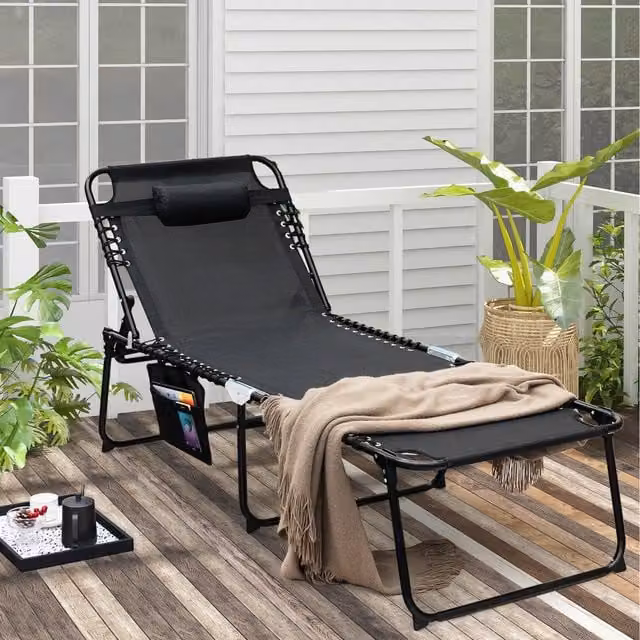 Costway Oversize Folding Chaise Lounge in Black with Adjustable Headrest and Sleeping Function