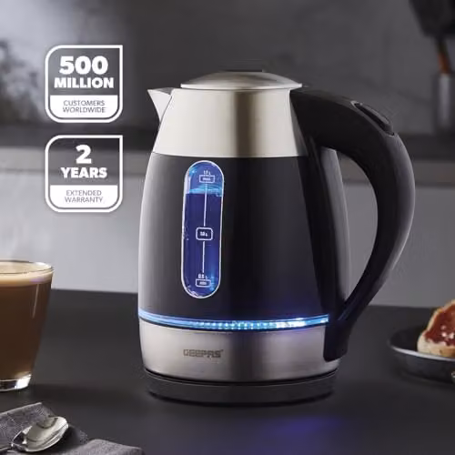 Geepas Kitchen Combo Set with 1.7L Illuminating Electric Kettle, 2 Slice Bread Toaster and 9L Dual Zone Air Fryer in Blue and Black