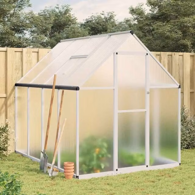 Berkfield Home Silver Aluminium Greenhouse with Polycarbonate Windows and Rain Gutters, W/D/H: 224 x 169 x 195 cm