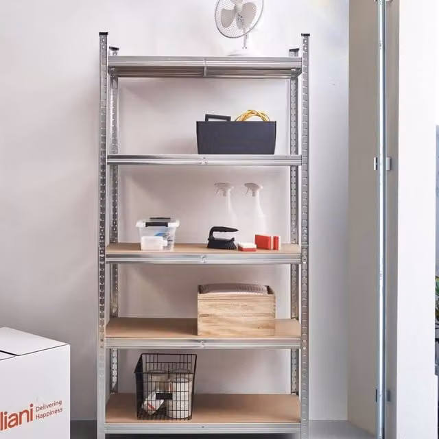 Wyld and Coco 5-Shelf Industrial Metal and MDF Storage Unit in Silver – 1