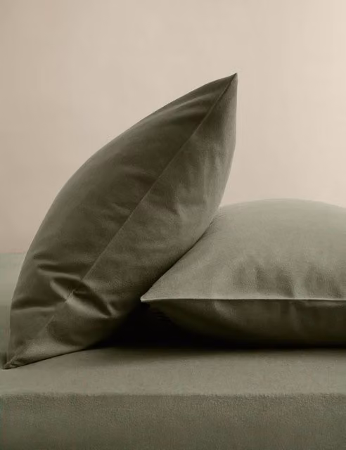 M&S 2 Pack Pure Cotton Brushed Flannelette Pillowcases in Khaki