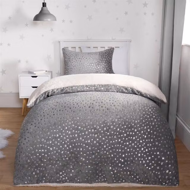 OHS Grey Metallic Stars Fleece Duvet Set, W: 140 cm, L: 200 cm