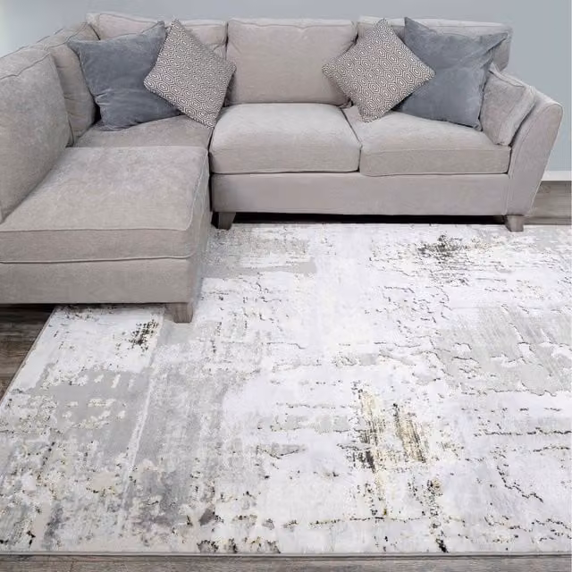 The Rug House Metallic Distressed Abstract Area Rug in Grey and Gold, W: 110 cm, D: 60 cm