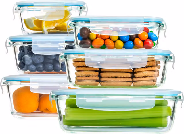 Homiu 6 Piece Airtight and Leakproof Glass Food Storage Container Set with Lids, White and Transparent