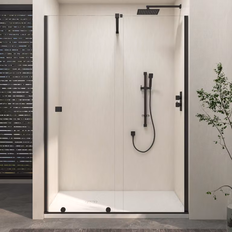 Royal Bathrooms Luton Recessed Sliding Shower Screen with White Slate Effect Stone Shower Tray, Matt Black, W: 170 cm, D: 70 cm, H: 195 cm