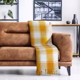 New Edge Blinds Comfy Check Collection Cotton Throw in Yellow, W: 228 cm, D: 254 cm – 2