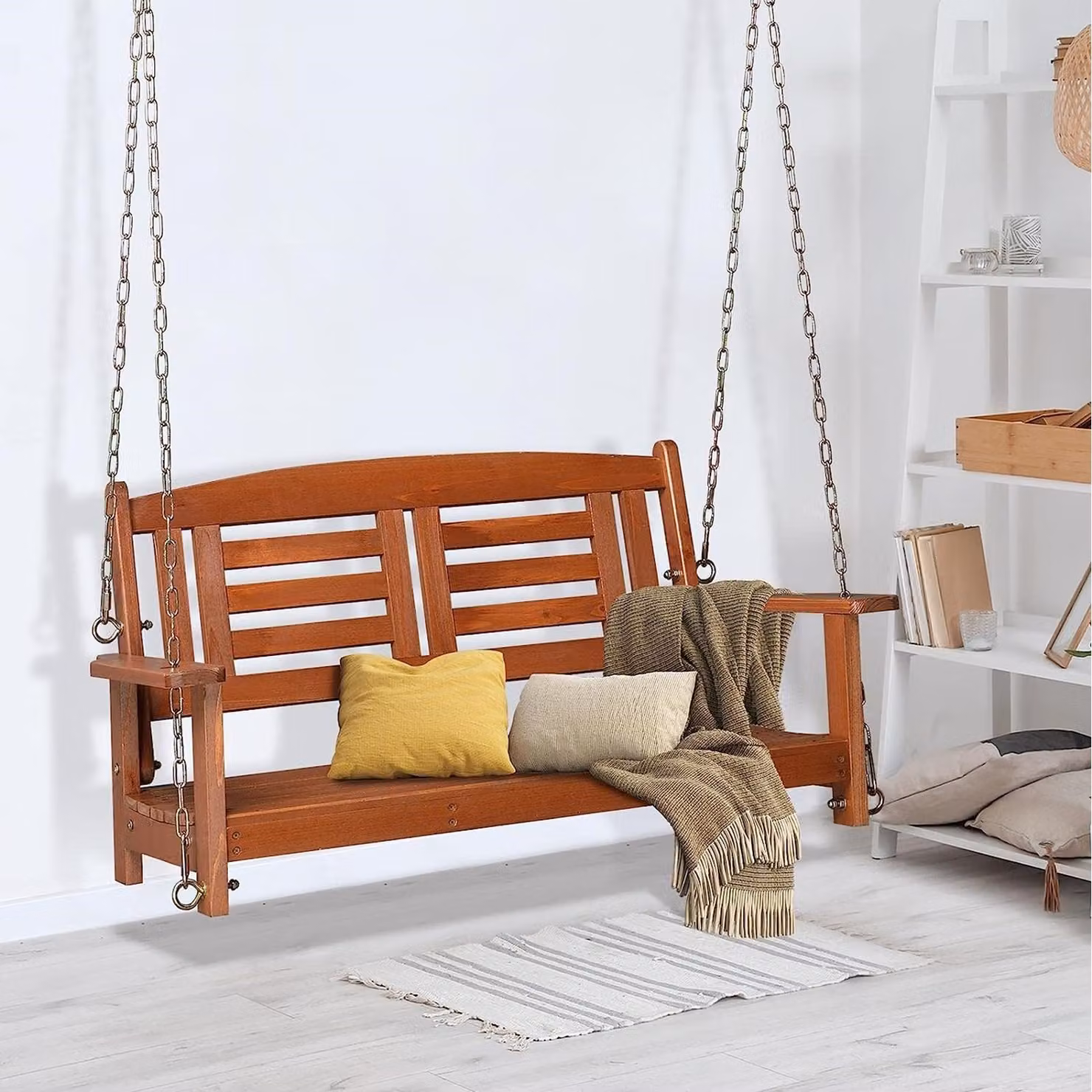 Gr8 Garden 2 Seater Rustic Brown Wooden Swing Chair Garden Patio Bench with Cushions and Armrests – 2