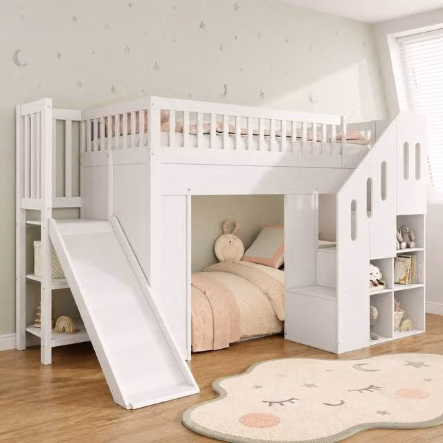 Merax White Childrens Bunk Bed with Stairs, Side Compartments and Under-Bed Lighting, W/D/H: 190 x 90 x 146 cm – 1