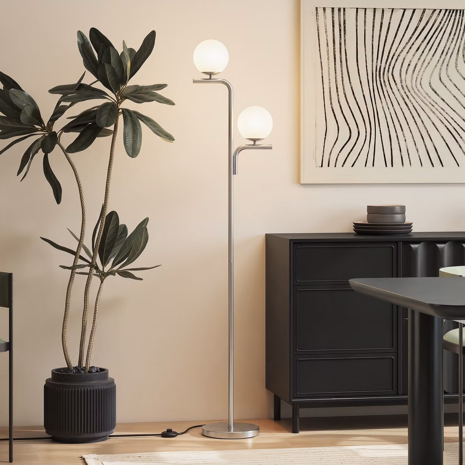 HOMCOM Modern LED Floor Lamp with Silver Tone Metal Base, Globe Glass Shades and Foot Switch – 4