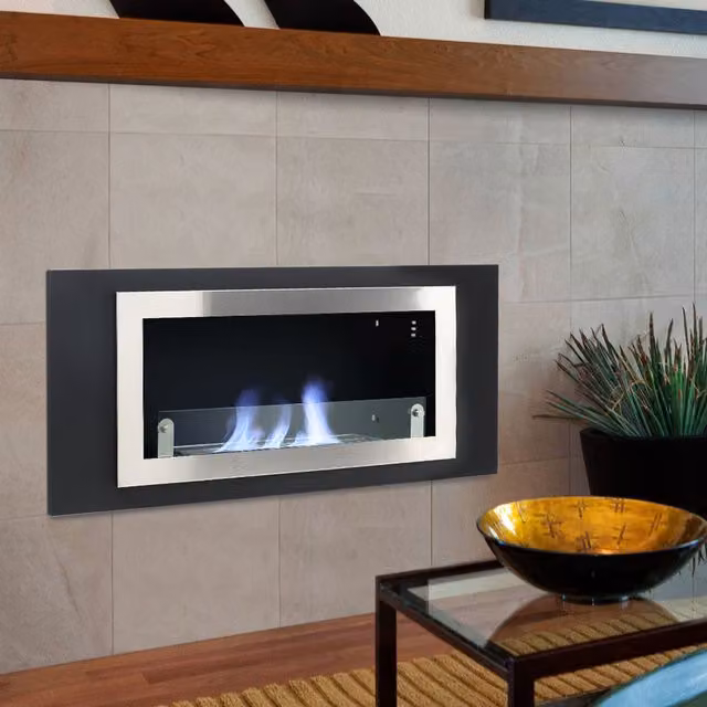 Living Star Black Rectangular Wall Mounted Stainless Steel Ethanol Fireplace