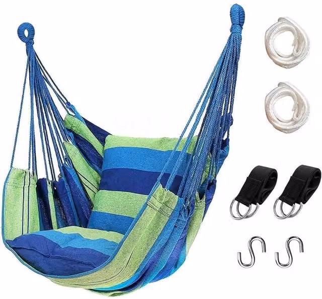NESTLUNE Blue Striped Outdoor Hanging Egg Swing Chair with Cushions, W: 100 cm, D: 15 cm – 1