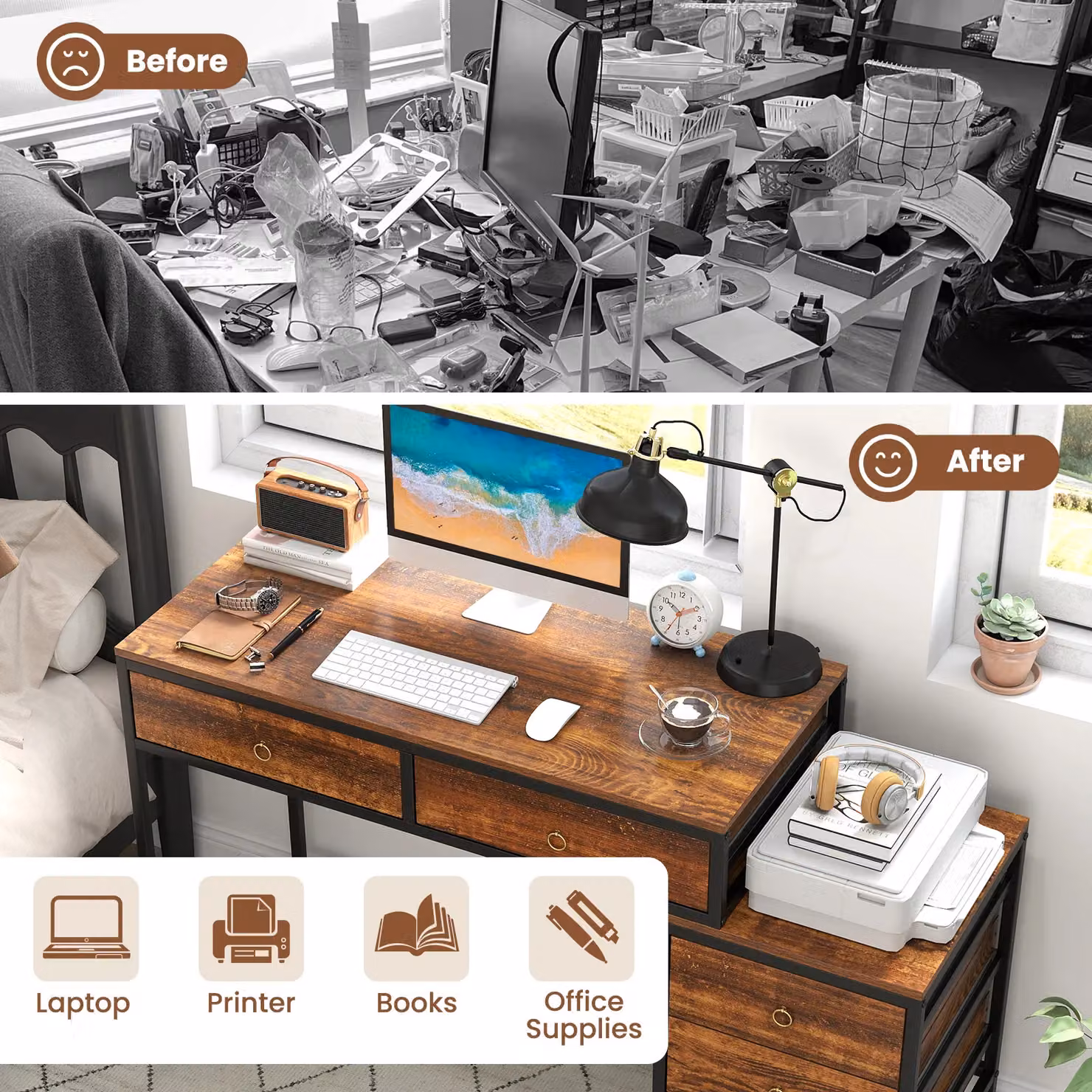 Costway Home Office Computer Desk with Side File Cabinet and 5 Drawers in Brown and Black – 5