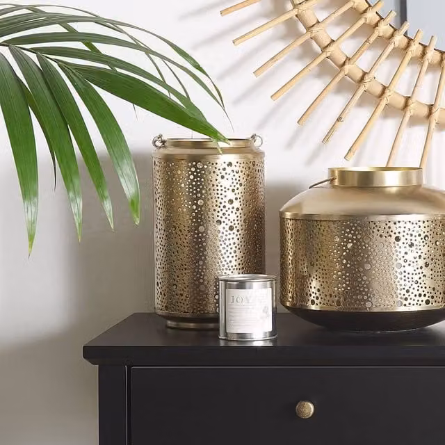 Wyld and Coco Gold Metal Vintage Pillar Candle Holder Lantern, Height: 25 cm