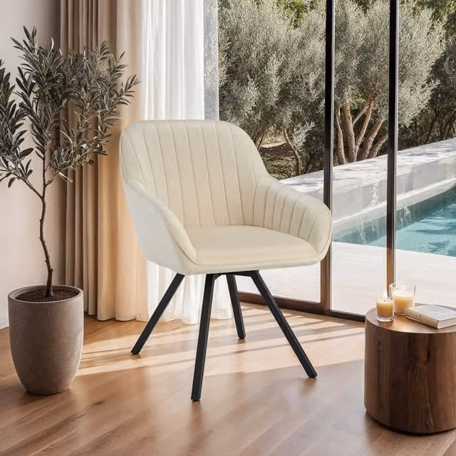 Tectake Modern Velvet Look Swivel Armchair in Beige/Yellow