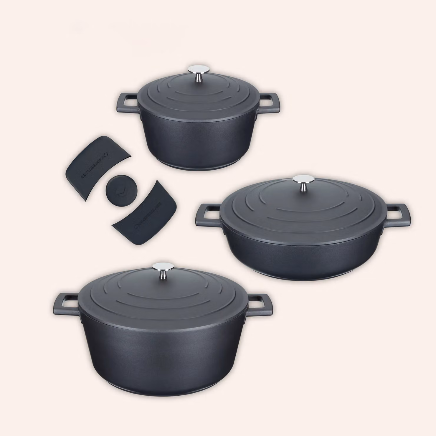 MasterClass 2-Piece Black Cast Aluminium Casserole Dish Set with Handle Covers – 2