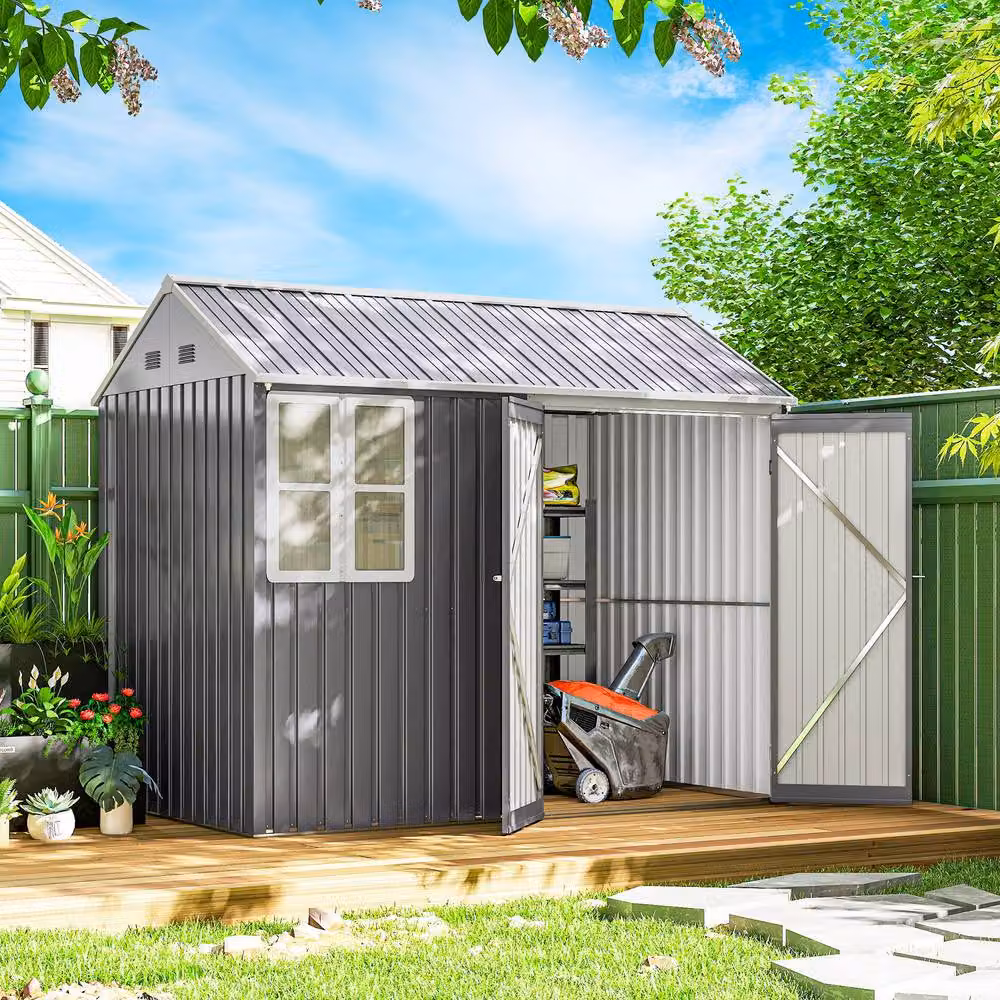 Rolipo Galvanised Metal Garden Shed with Double Doors, Window and Vents, Grey, W/D/H: 243.84 x 182.88 x 222.0 cm – 3