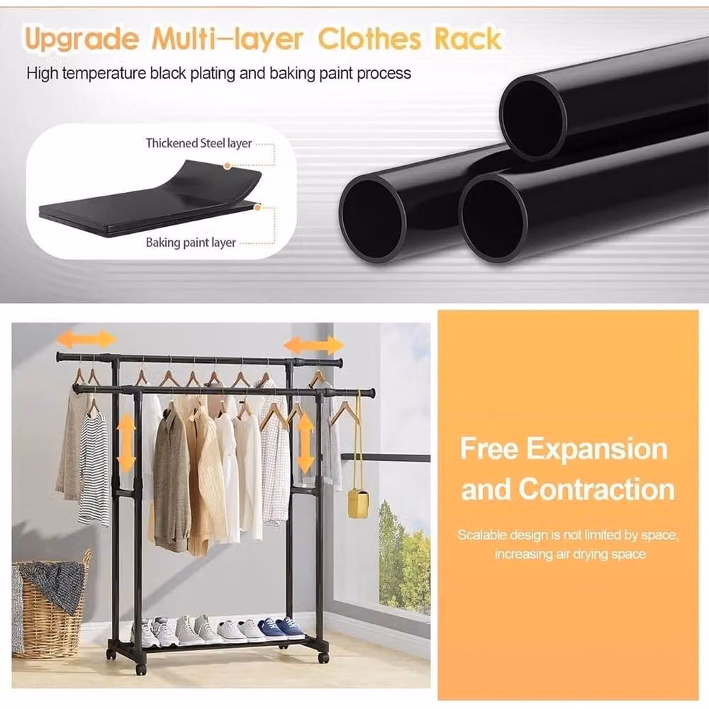 NESTLUNE Heavy Duty Double Clothes Rail Rack in Matt Black Metal – 5