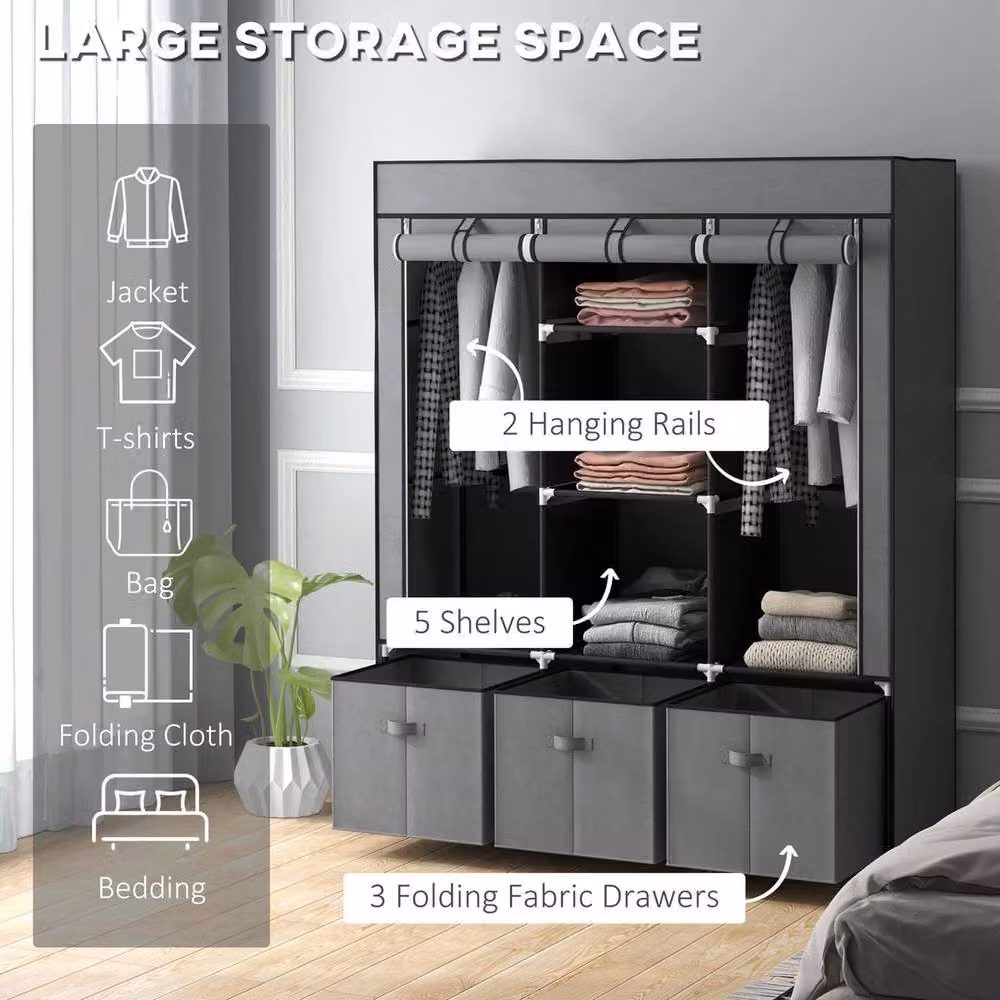 Kelvenix Large Grey Fabric Wardrobe Closet with Hanging Rod, Internal Shelves and Drawers – 3