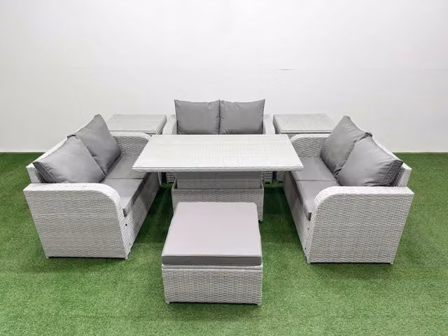 Fimous 7 Seater Grey PE Wicker Rattan Garden Furniture Set with U-Shape Sofa, Adjustable Lifting Coffee Table, 2 Seater Love Seat, Ottoman and 2 Side Tables