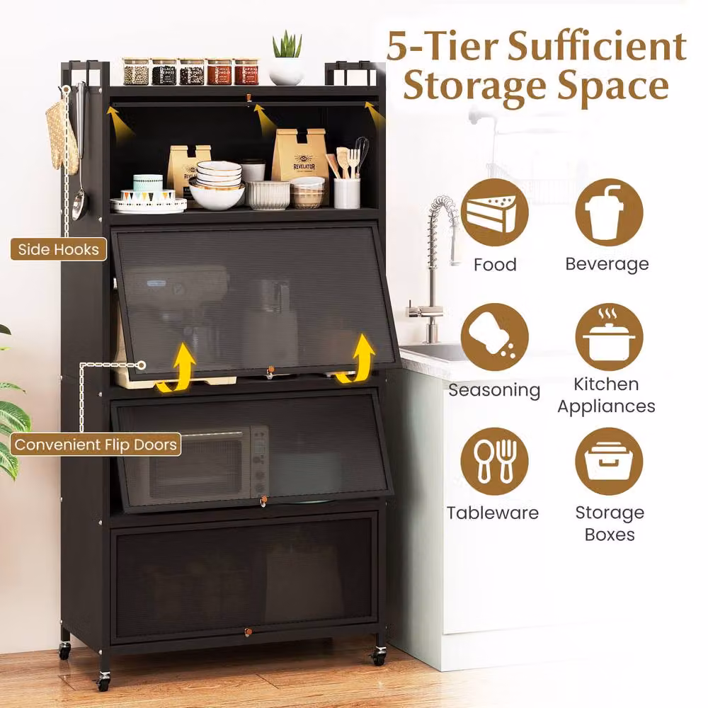 Gymax 5-Tier Rolling Kitchen Storage Cabinet and Microwave Stand with Hinged Doors in Black – 7