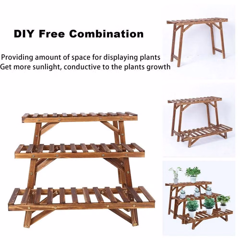 KORVIXA 3 Tier Rustic Wood Ladder Plant Stand, Brown, H 70 cm x W 15 cm x D 15 cm – 4