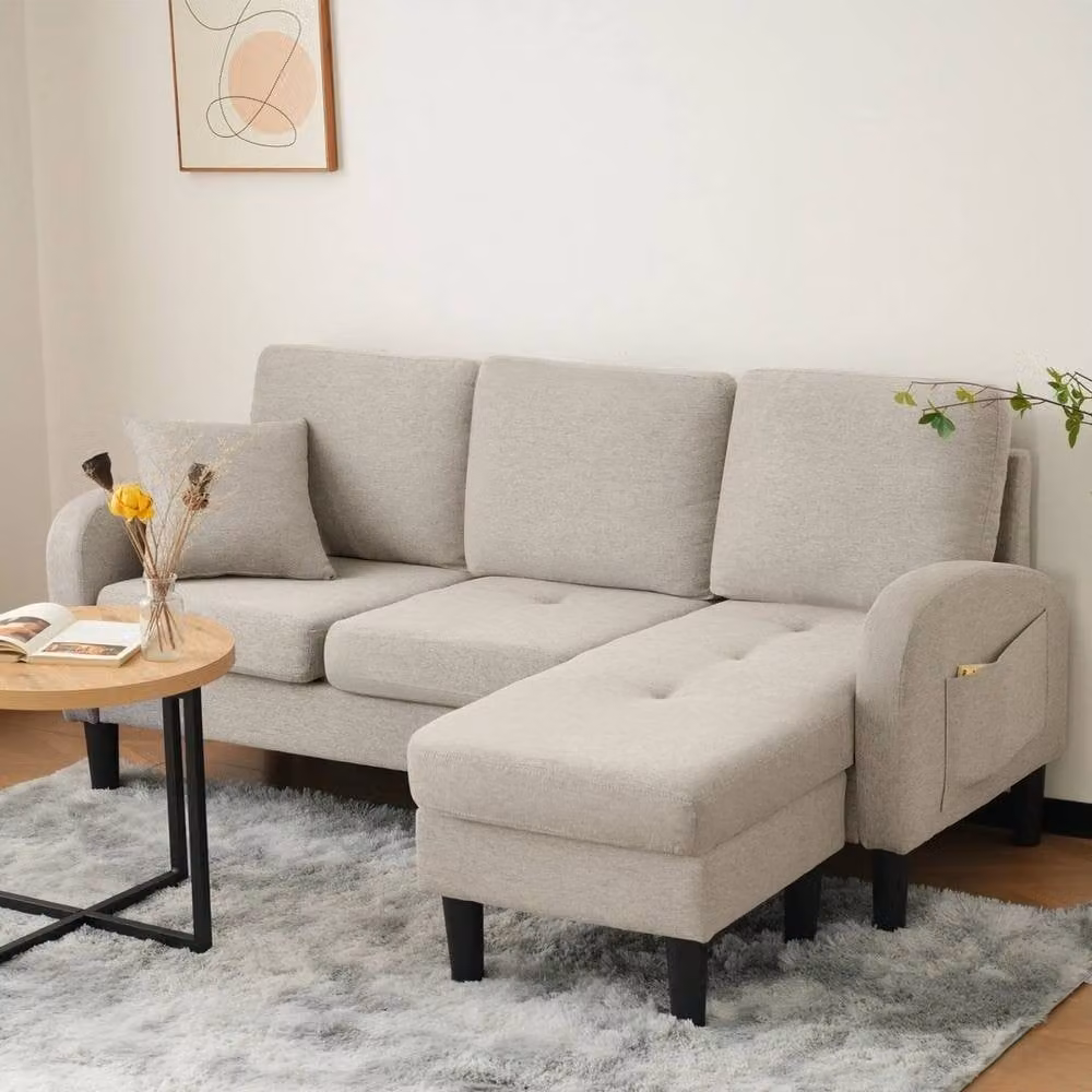 FORGEVIO L-Shape Reversible 3-Seater Corner Sofa in Beige Linen Fabric with Scatter Cushions – 2