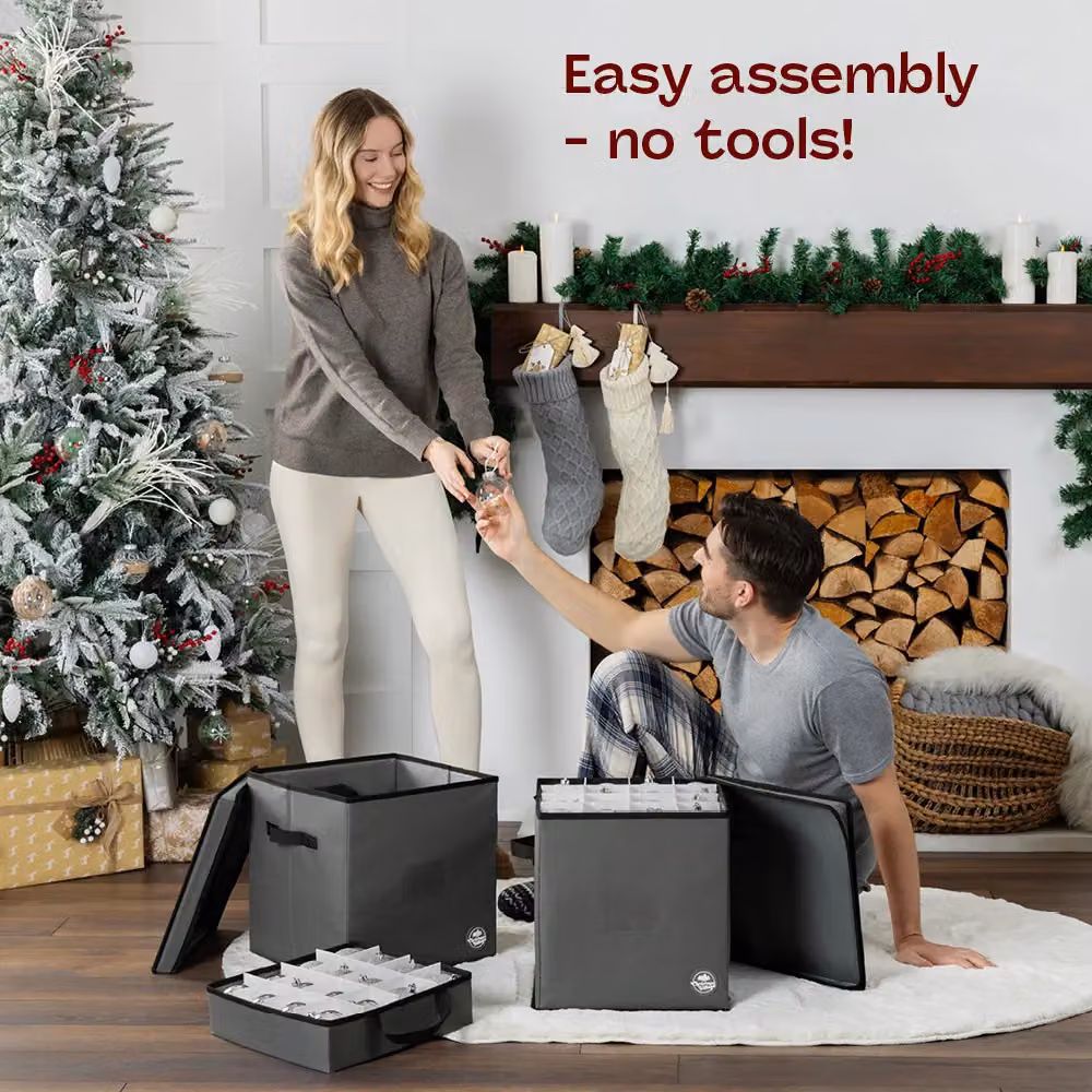 Christmas Village 64 Bauble Storage Bag with Adjustable Dividers and Removable Lid, Red and Grey – 6