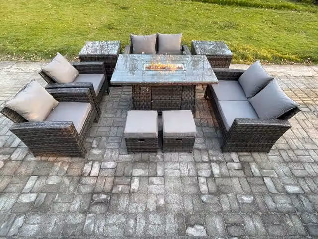 Fimous 9 Piece Wicker Rattan Garden Furniture Set with Gas Firepit Dining Table, Sofa and 2 Footstools in Dark Grey