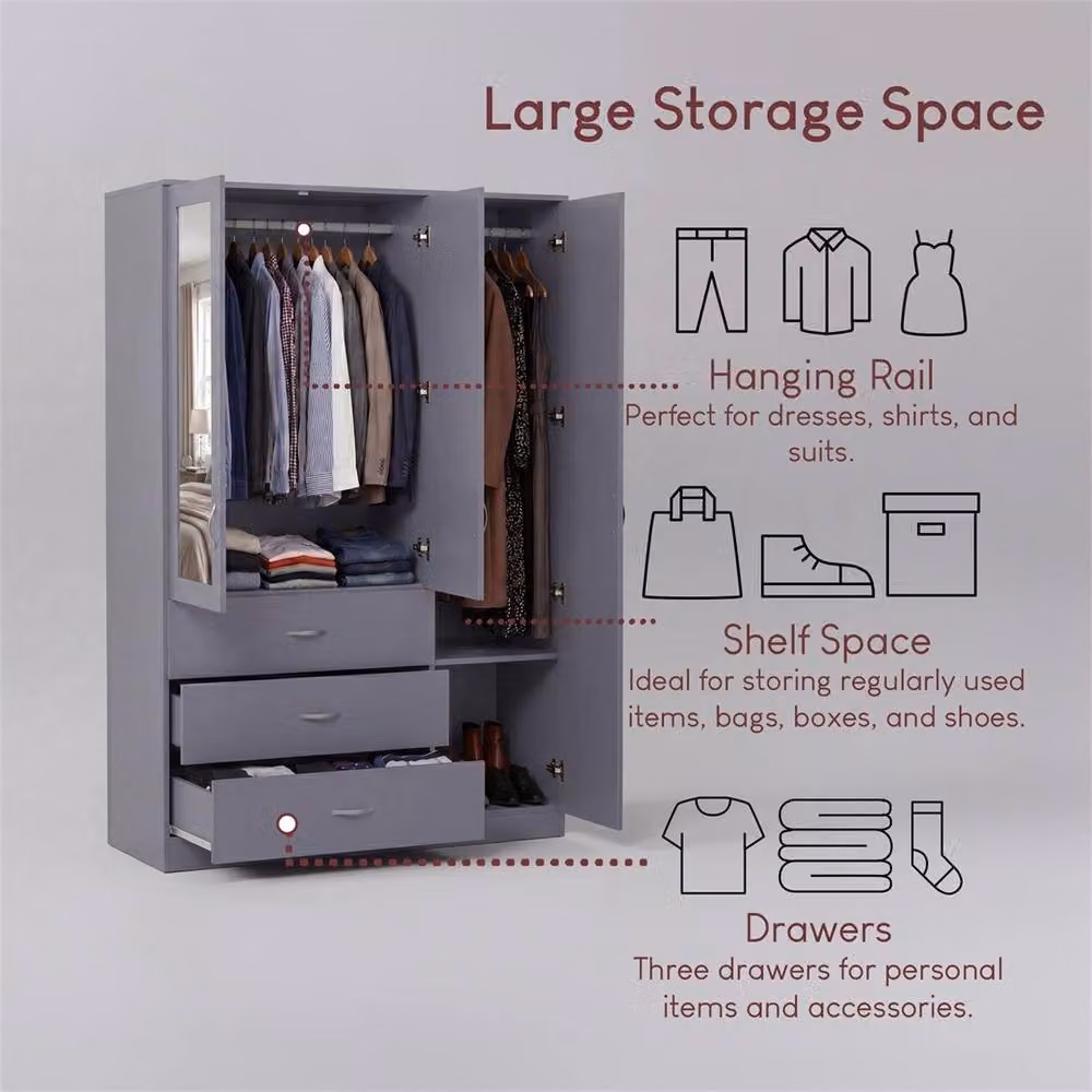 FORGEVIO Grey Modern Wide Wardrobe with Hinged Doors and Internal Drawers – 3