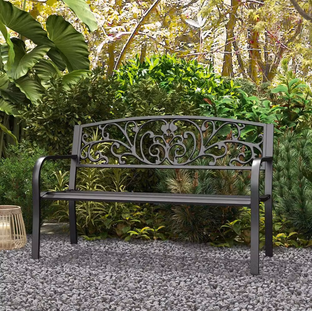 STILVORA 2 Seater Garden Bench with Floral Back in Matt Black Metal – 3