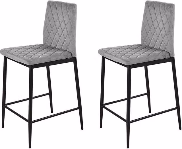 Garden Sanctuary Set of 2 Grey Velvet Upholstered Bar Stools with Black Metal Geometric Frames