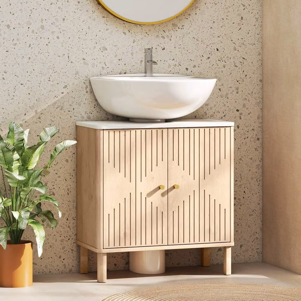 Wyld Haus Combita Under Sink Bathroom Cabinet in Oak and White with U-Shaped Cut Out – 3