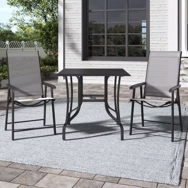 Breeins Matt Black Metal Slatted Garden Table and 2 Foldable Chairs Set