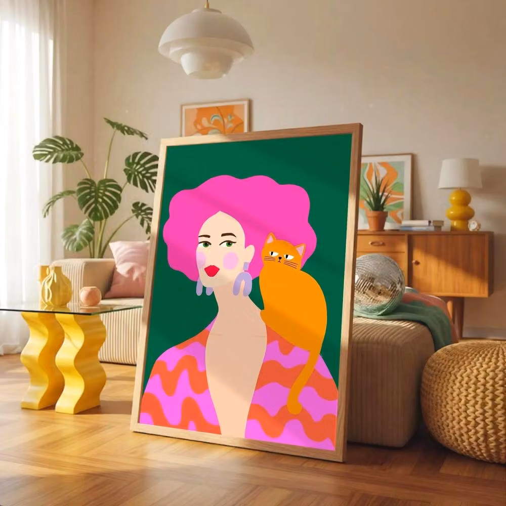 The Paper Tail Pink Hair Colourful Ginger Cat Art Print, Multicolour, A3 – 2