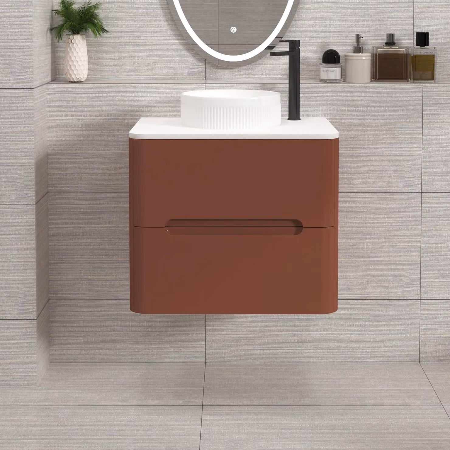 Royal Bathrooms Venice Wall Hung Vanity Unit in Terracotta Clay with 2 Drawers and White Worktop and Round Basin, Width: 60 cm