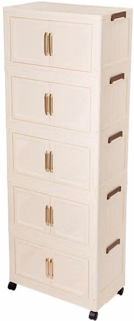 Living and Home 5-Tier Foldable Rolling Plastic Storage Cabinet with Magnetic Doors in Beige