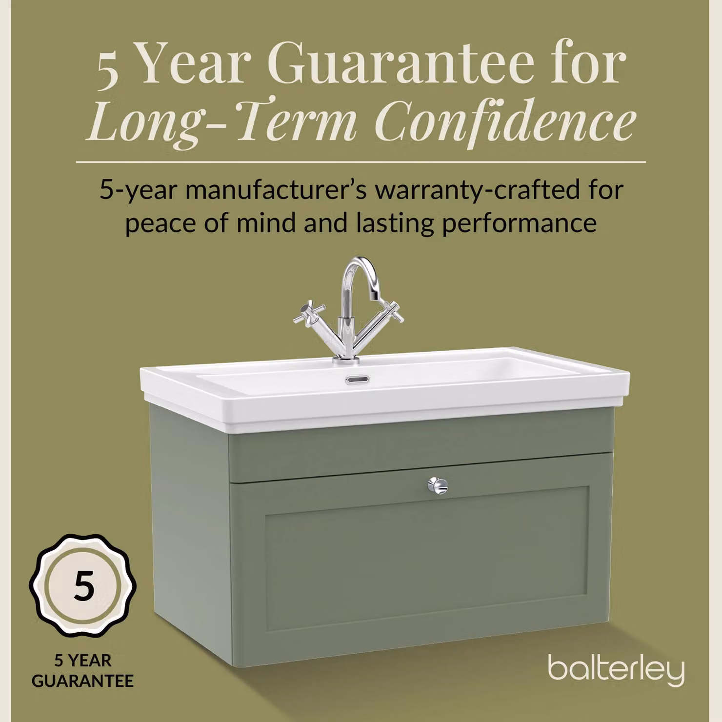 Balterley Wall Hung 1-Drawer Bathroom Vanity Unit and Fireclay Basin, Green, W: 80 cm – 5