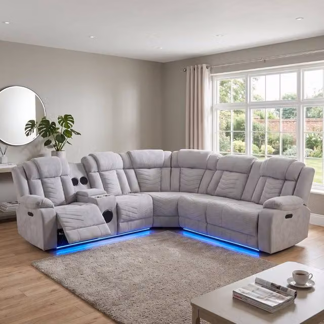HOME LUXE INTERIOR Rico Grey Fabric Electric Recliner Corner Sofa with LED Lighting, Bluetooth, USB Charging and Cup Holders