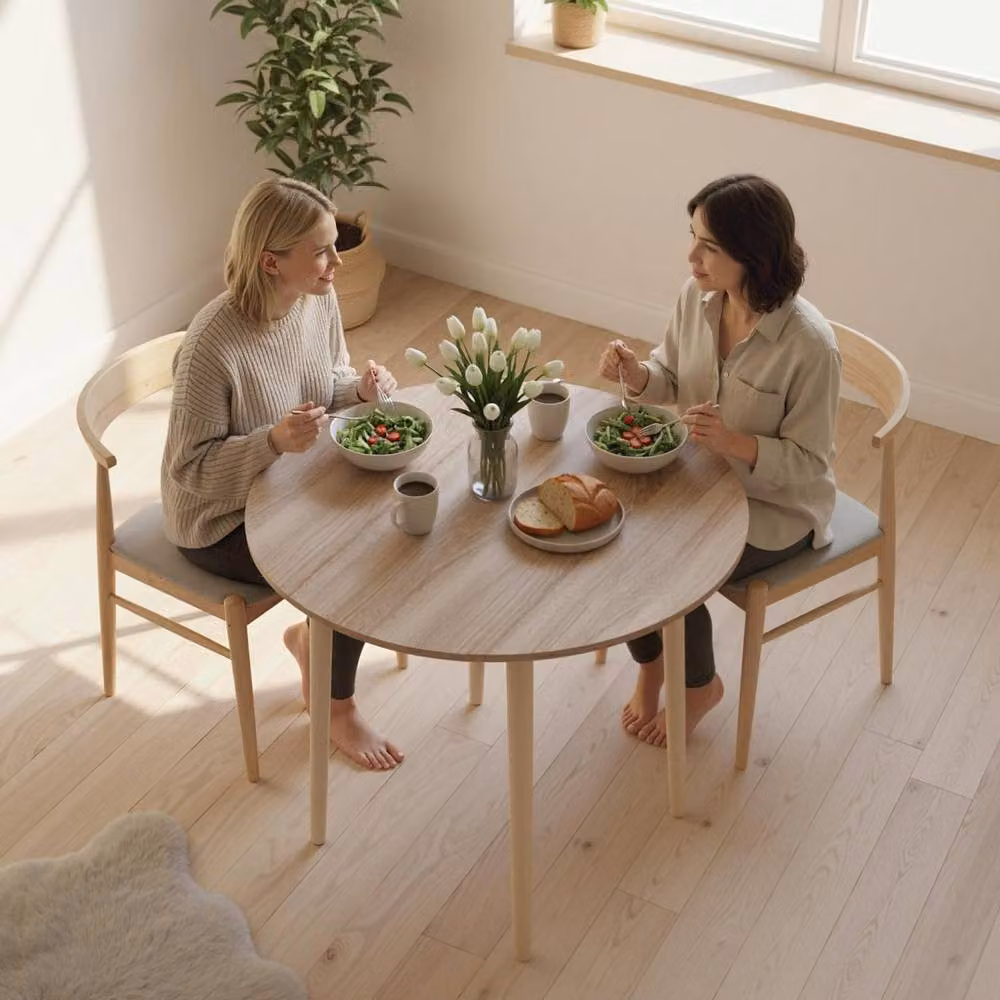 Wyld Haus Levadifi Natural Round Folding Dining Table with Drop Leaf for 4 Adults – 5