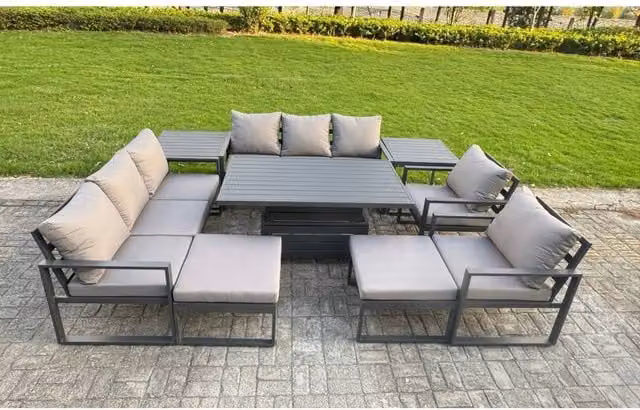 Fimous 10-Seater Powder Coated Aluminium Patio Set with Height-Adjustable Lifting Table and 2 Side Tables in Matt Dark Grey