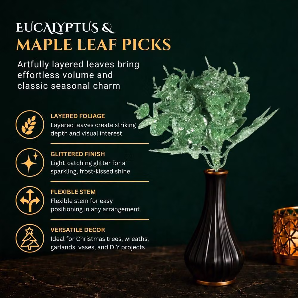 Shatchi 6 Pack Mint Green Glitter Eucalyptus and Maple Leaf Picks, 17 cm – 6