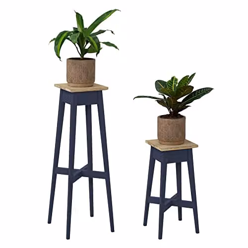 Statement Furniture Florence Set of 2 Acacia Wood Plant Stands in Blue, H 80 cm and H 28 cm – 2