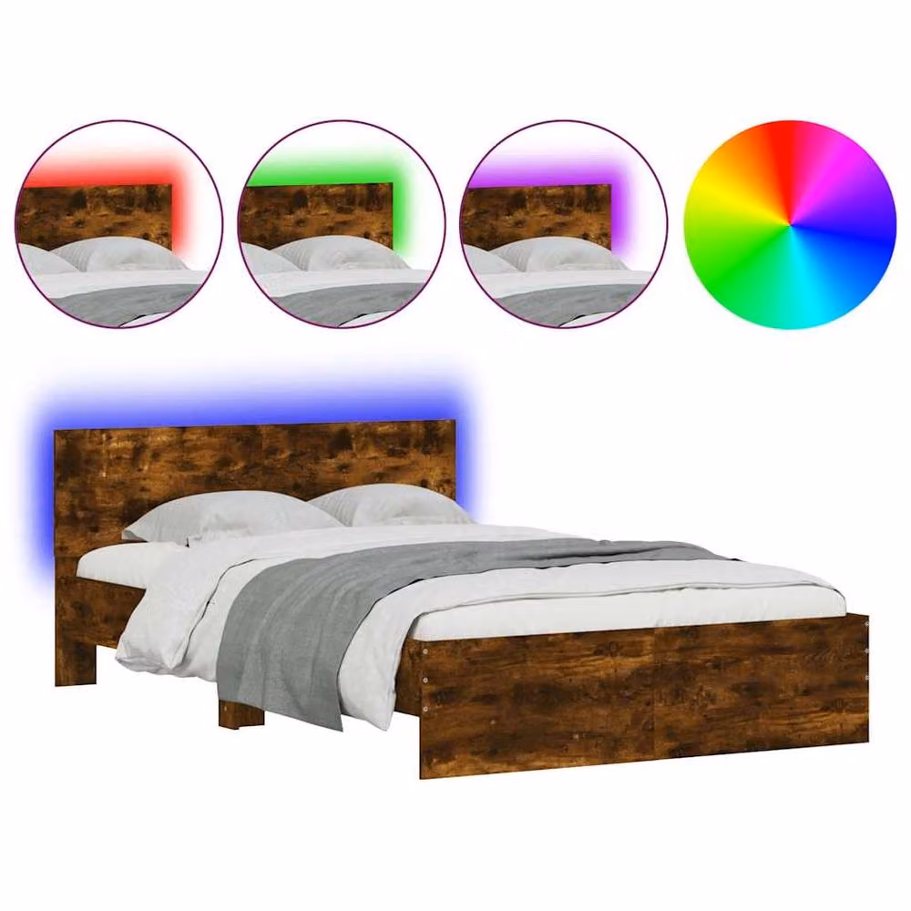 Berkfield Home Durable Bed Frame with Headboard and LED Under-Bed Lighting in Smoked Oak Brown, W/D/H: 120 x 200 x 70 cm – 2
