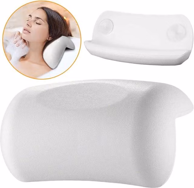 KORVIXA Ergonomic White Bath Pillow with Suction Cup for Neck and Back Support