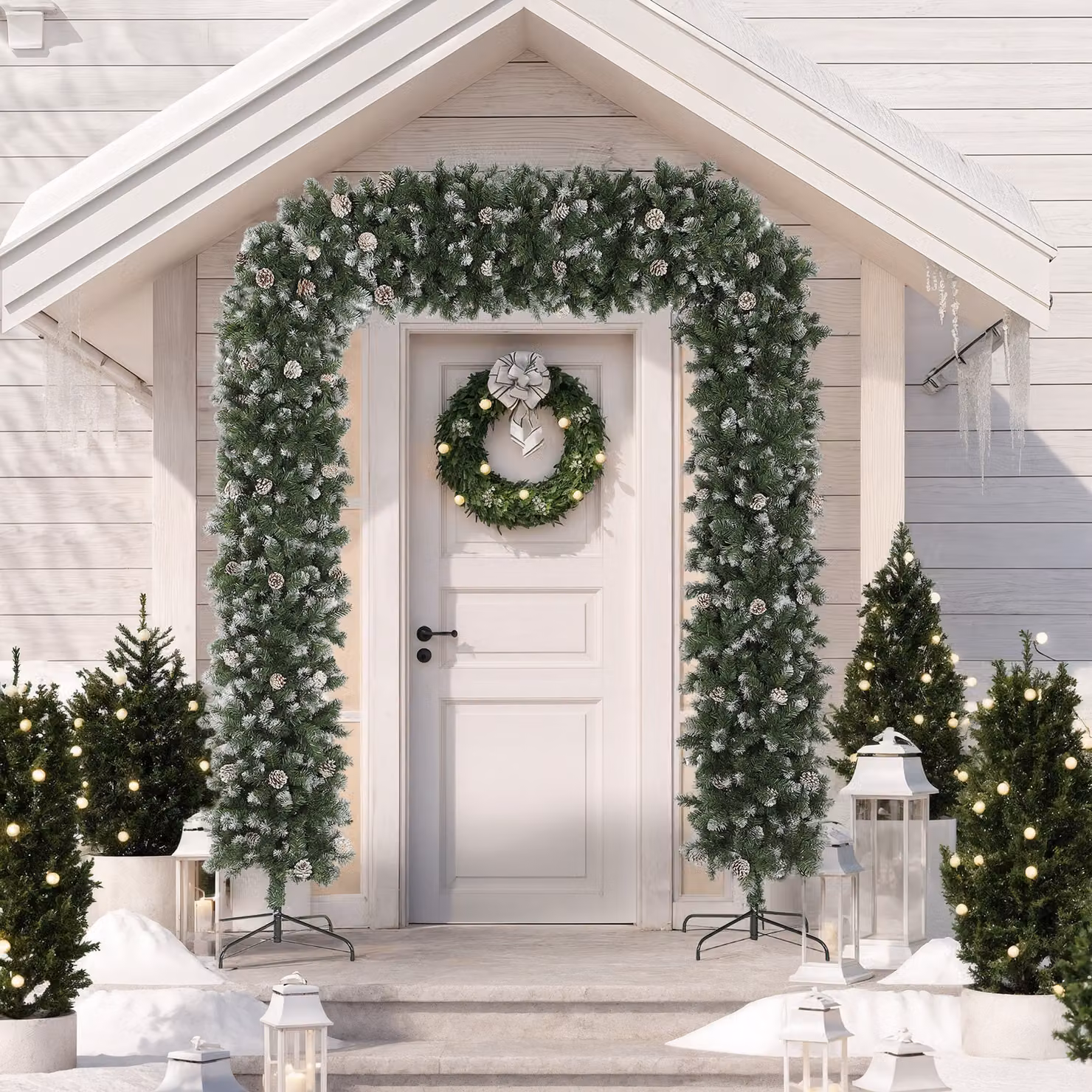 HOMCOM Snow Frosted Christmas Tree Arch in Green with 1800 Tips and 91 Pinecones and Metal Stand – 2