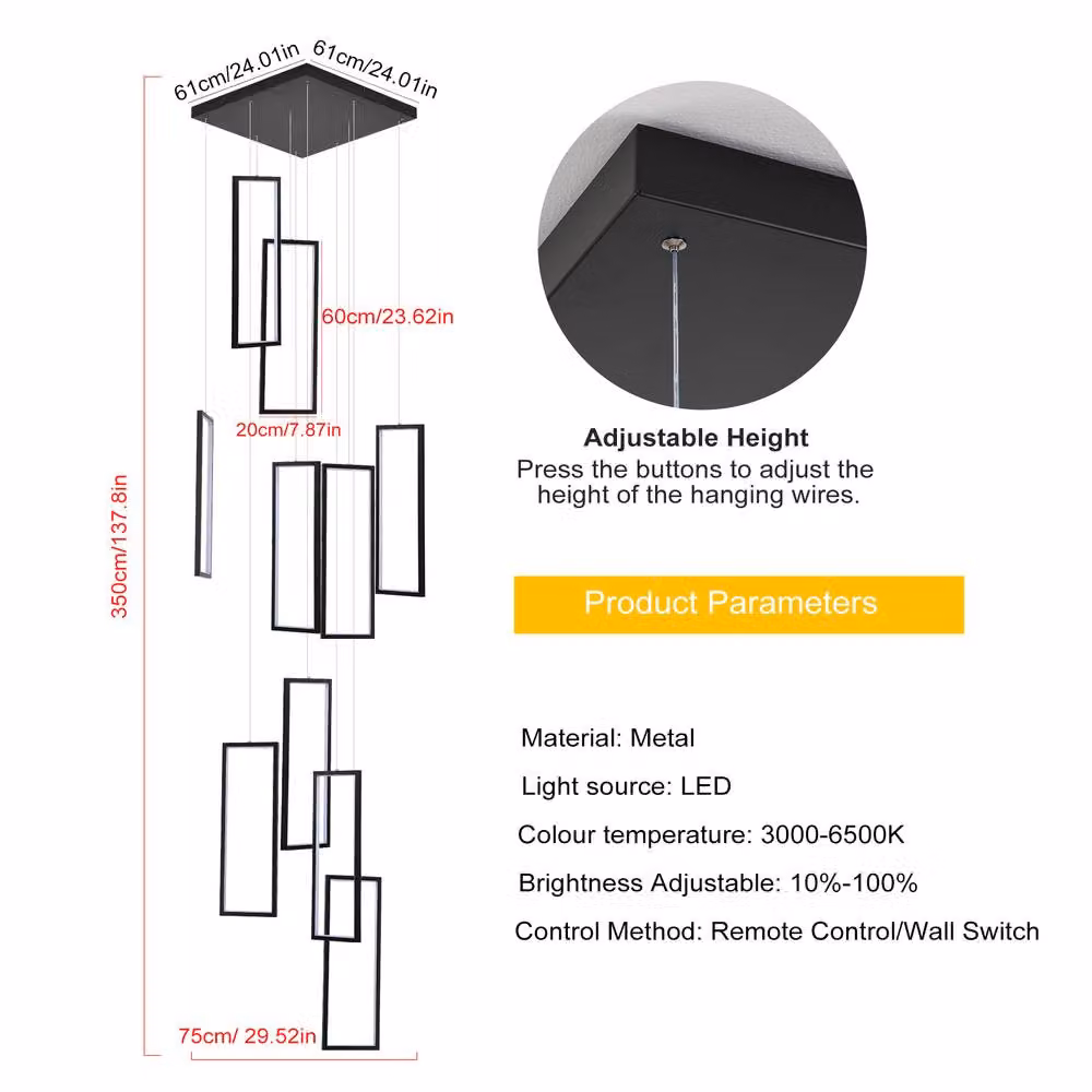 NIVOR Modern Black 10 LED Dimmable High Ceiling Staircase Chandelier and Height Adjustable Suspended Pendant Lamp – 2