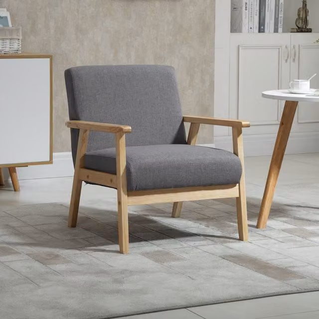 HOMCOM Grey Fabric Accent Chair with Solid Pine Wood Frame and Feather Filling